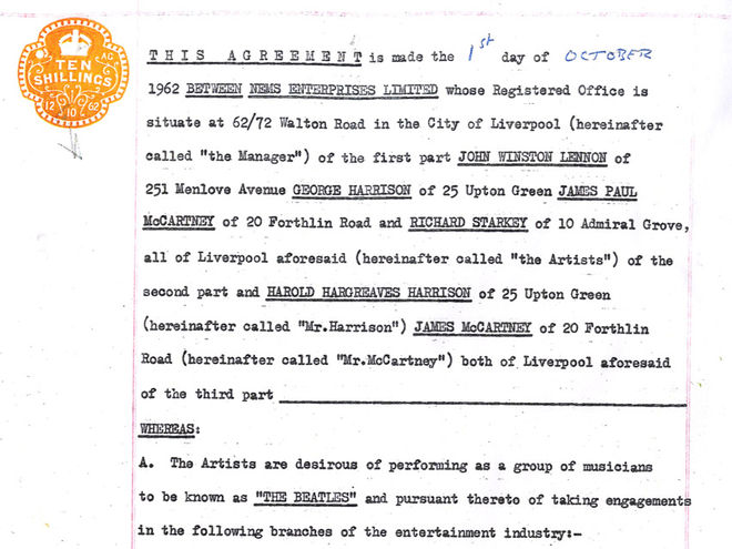 The Beatles' first fully-signed Epstein contract up for auction